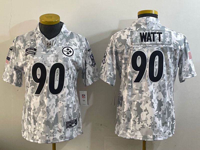 Women Pittsburgh Steelers #90 Watt Nike Arctic Camo 2024 Salute to Service Limited NFL Jersey->women nfl jersey->Women Jersey